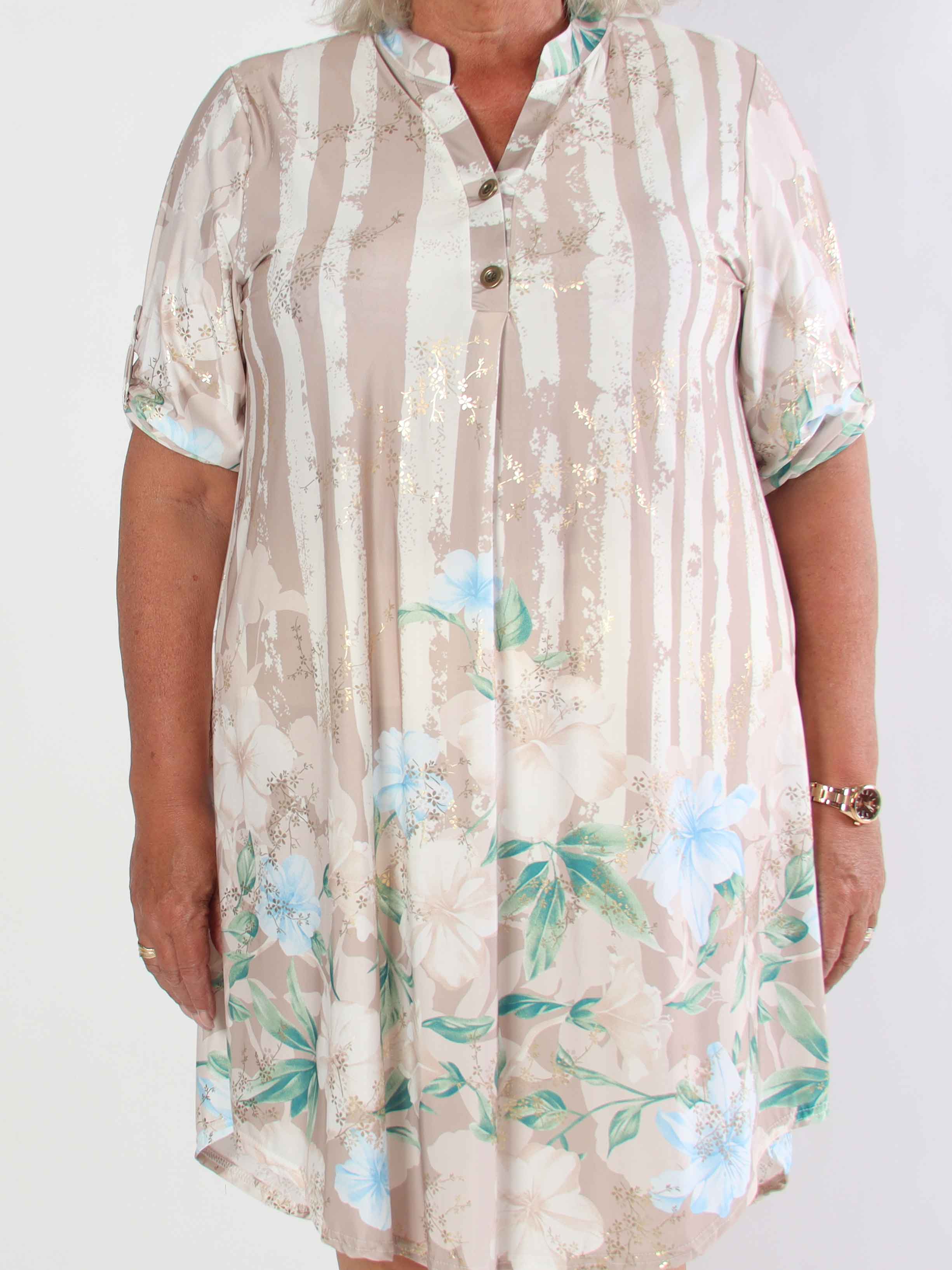 Ebba Floral Stripe Long - Elastisk plus size klänning med gulddetaljer